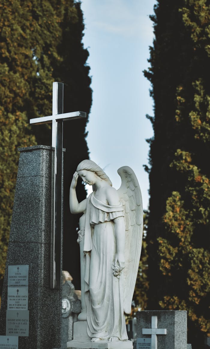 A peaceful cemetery with an angel statue beside a cross amidst tall trees.